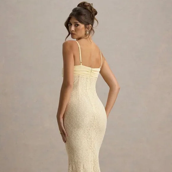 Pale Lemon Satin Sweetheart Maxi Dress with Lace Details - Picture 4 of 4